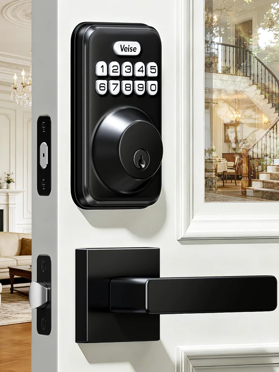 Matte black keyless entry lock with two lever handles, backlit keypad and deadbolt