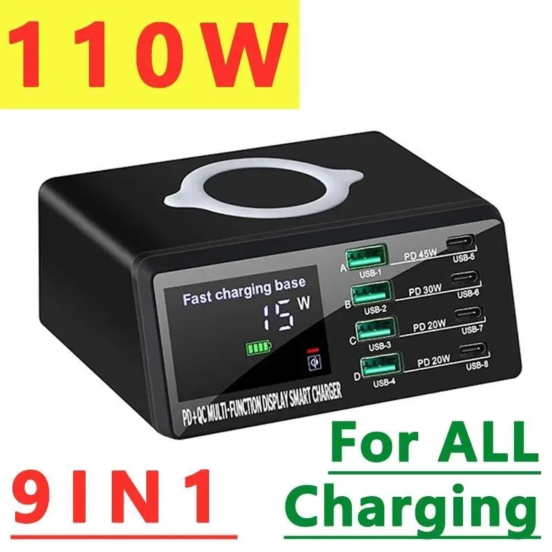 LUOM LUOM WLX-X9D 110W 8-Port Desktop Charger with Wireless Charging Black — product photo