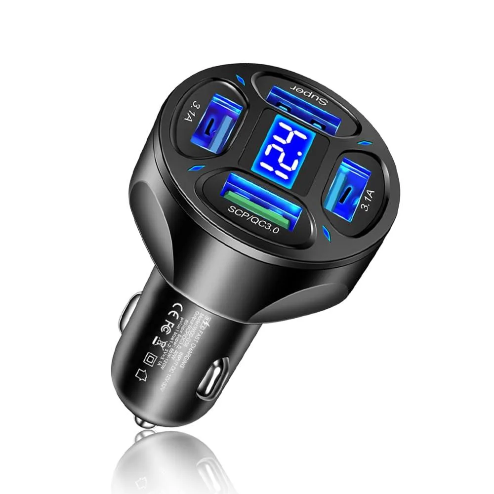 Black four-port car charger with LED voltage display, QC3.0 and Super fast-charge ports, ABS and aluminium alloy body