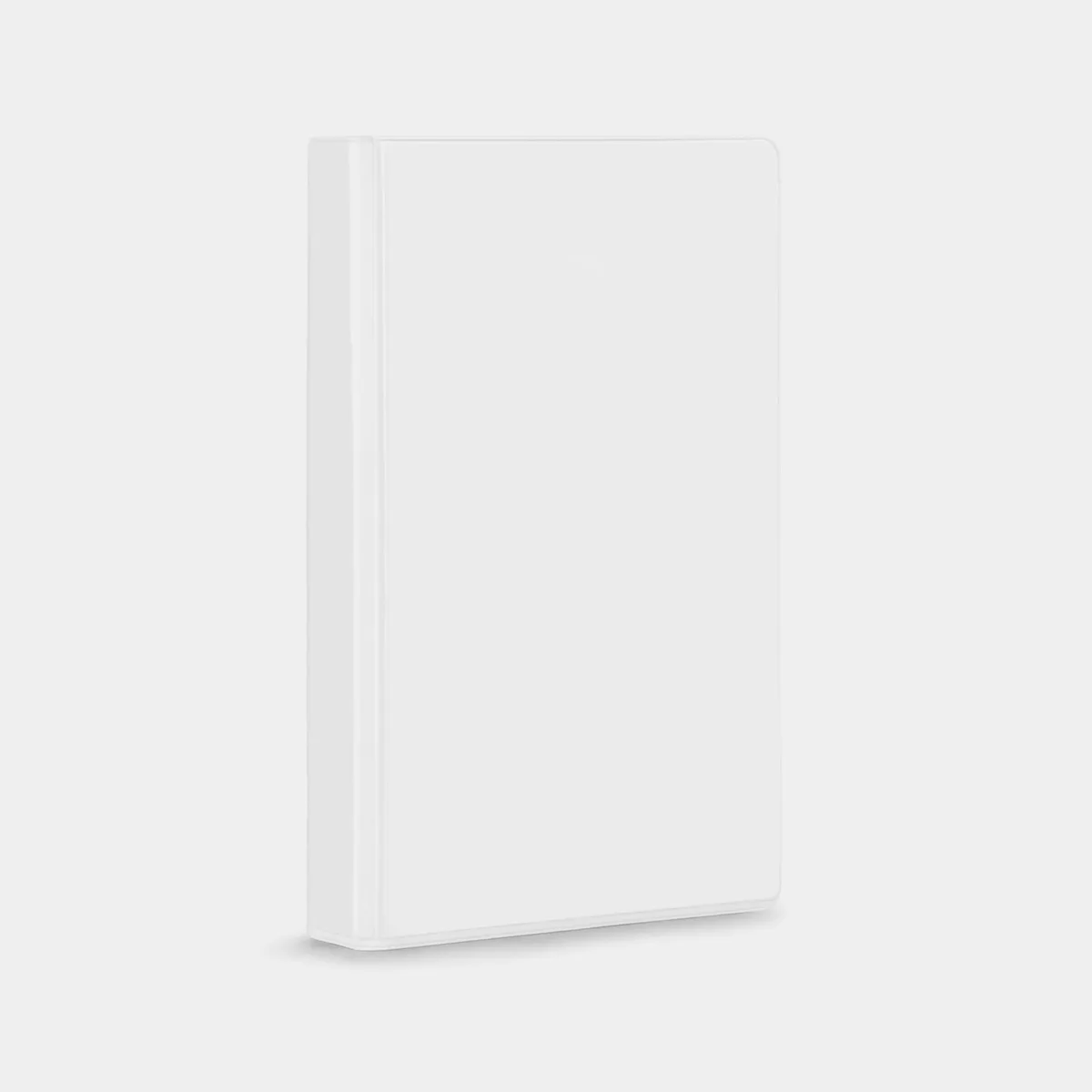 Twelve white plastic VHS clamshell cases with clear outer sleeves, rectangular shape