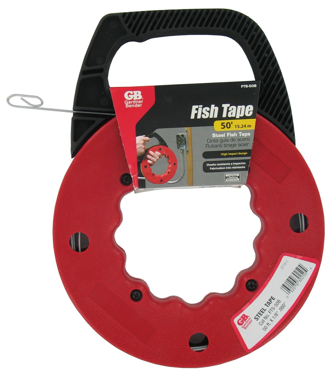 White shatterproof fish tape reel with 50 foot steel tape and finger grips