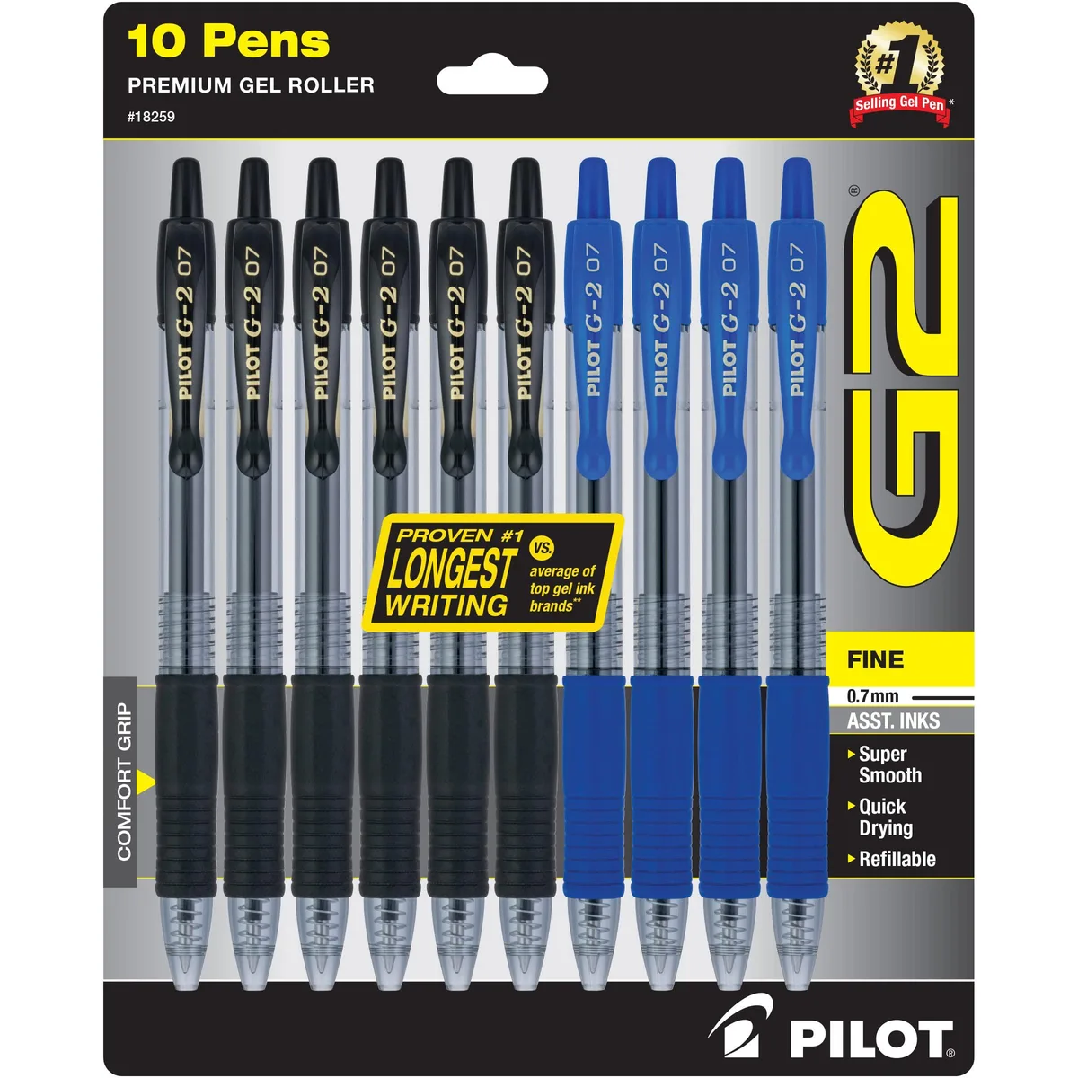 Pack of ten retractable gel pens with rubber grip, black and blue ink
