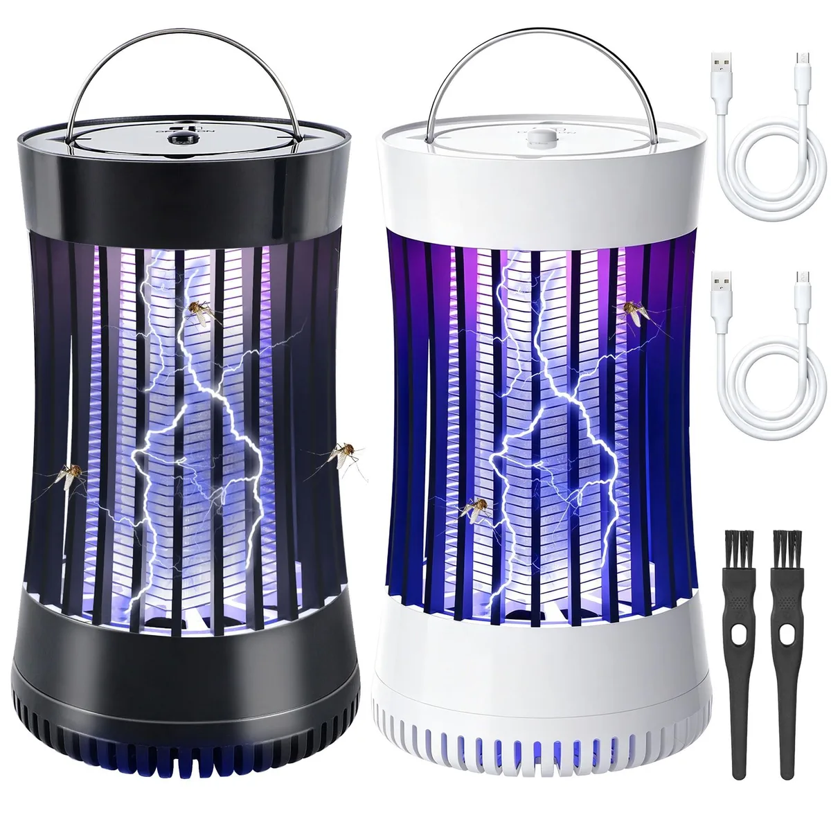 Black and white USB plug-in insect trap with fan and purple light, two pack