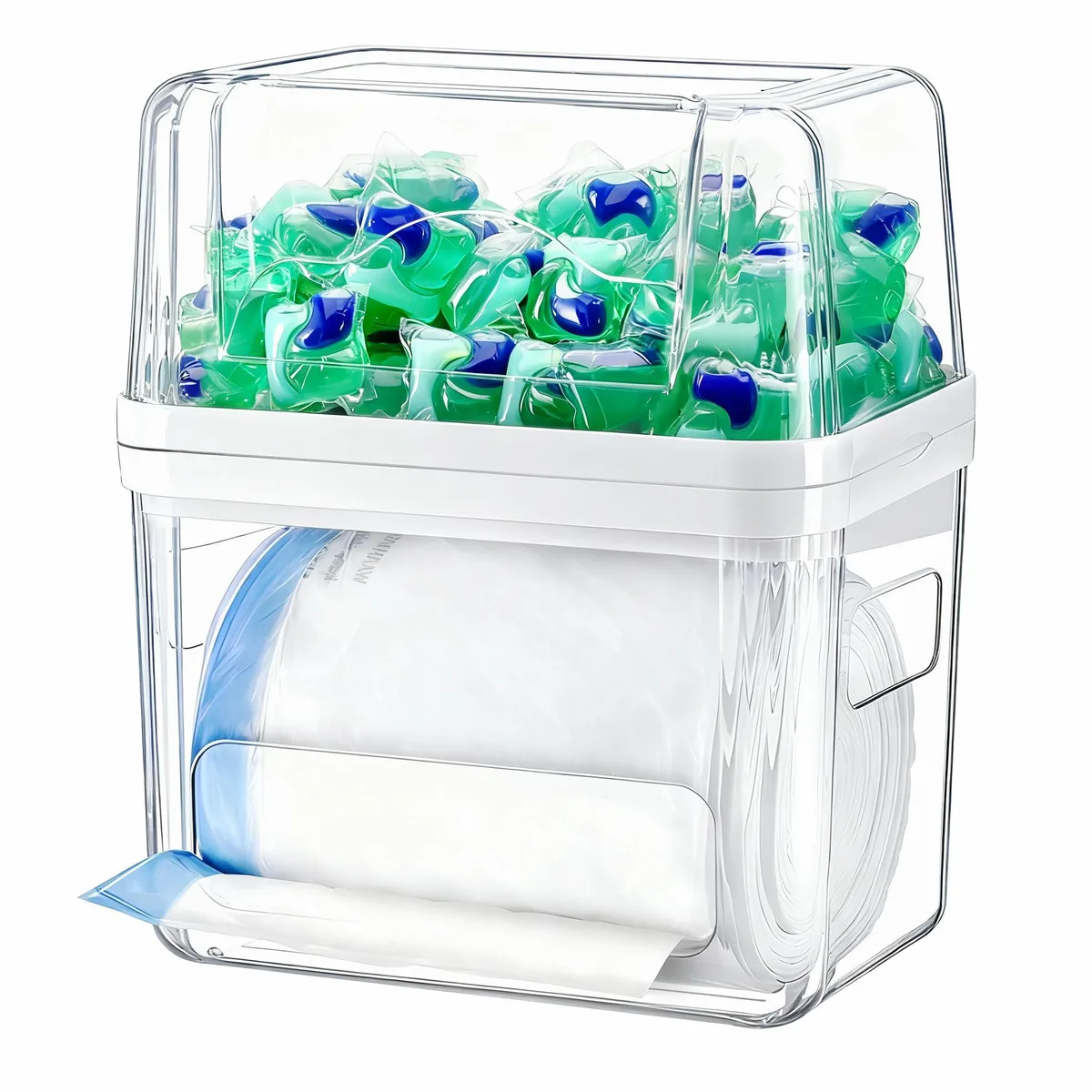 Red plastic three-compartment dispenser for trash bags and pods