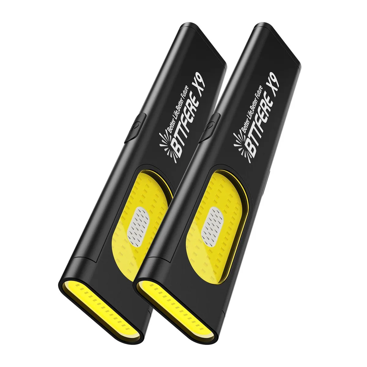 Two slim flat aluminium flashlights with magnetic clips and USB-C ports