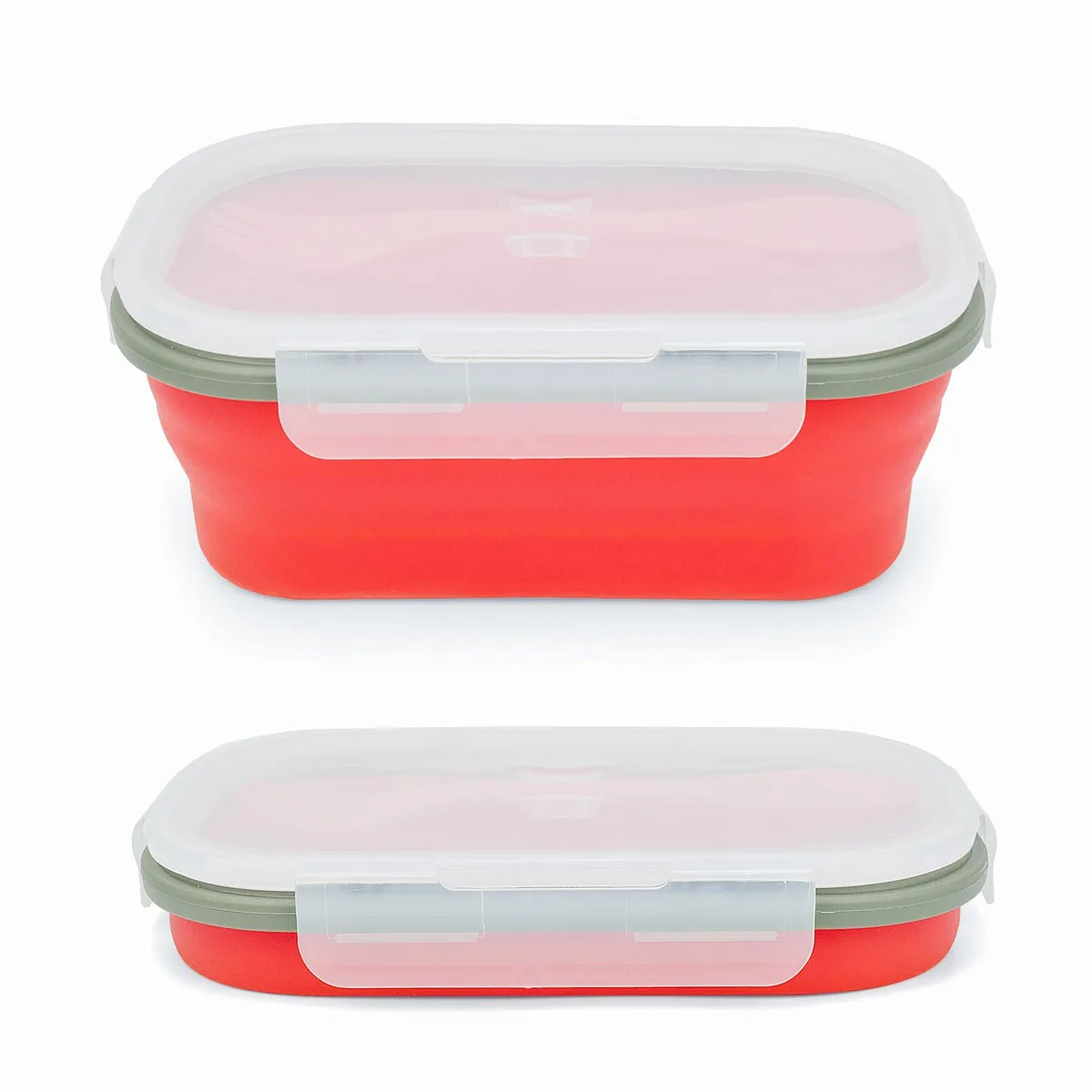 Red collapsible silicone bento box with spork and lid