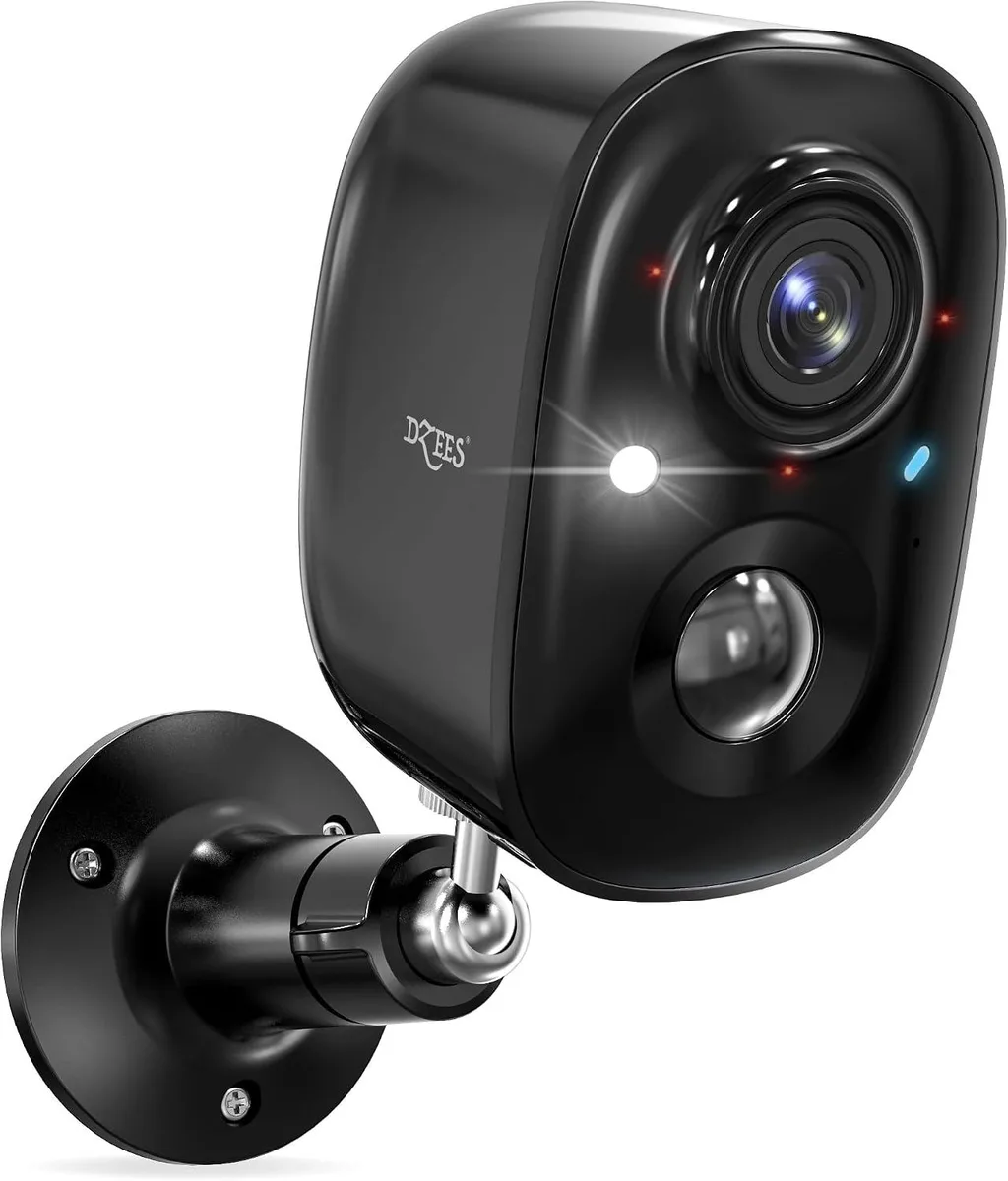 Black wireless outdoor camera with spotlight and siren, IP66 rated
