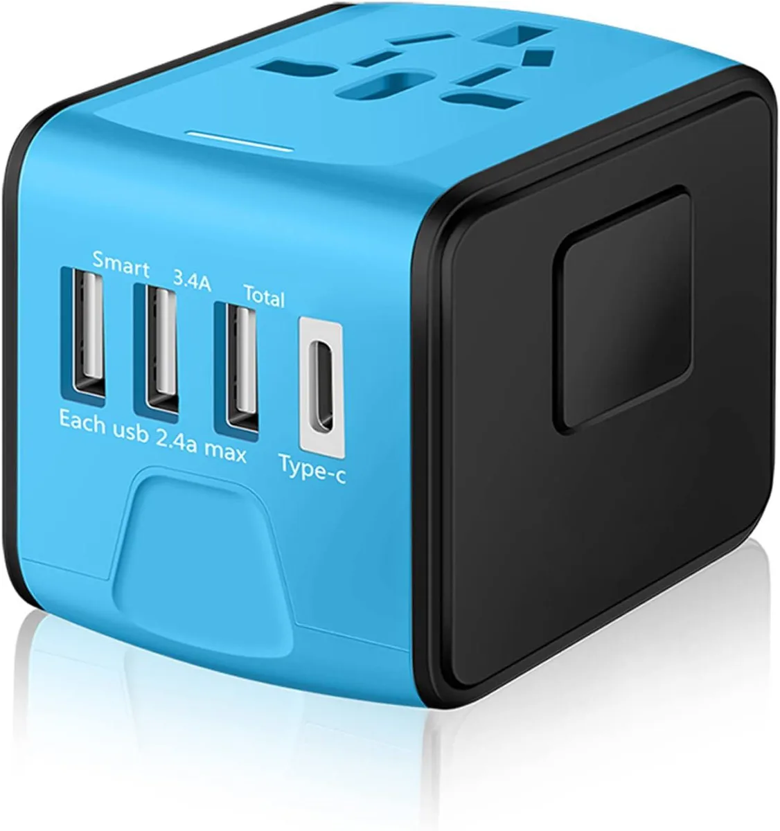 Blue universal travel adapter with sliding plug pins, one AC outlet, three USB-A ports and one USB-C port