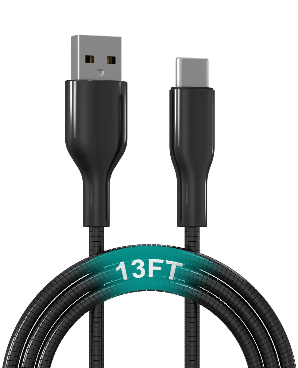 Orange stainless-steel braided USB-A to USB-C cable, 13 ft long
