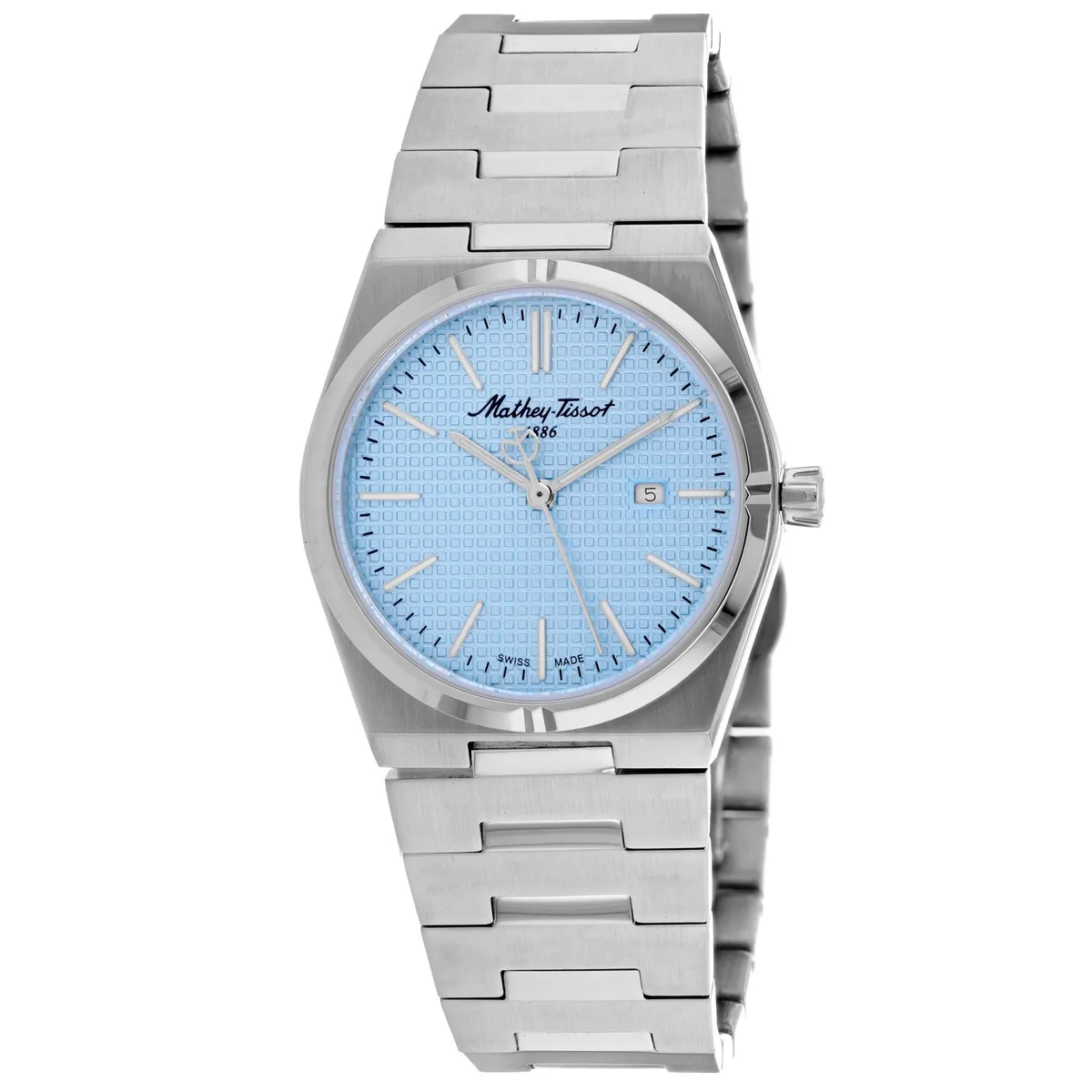 Stainless steel watch with blue dial and matching bracelet
