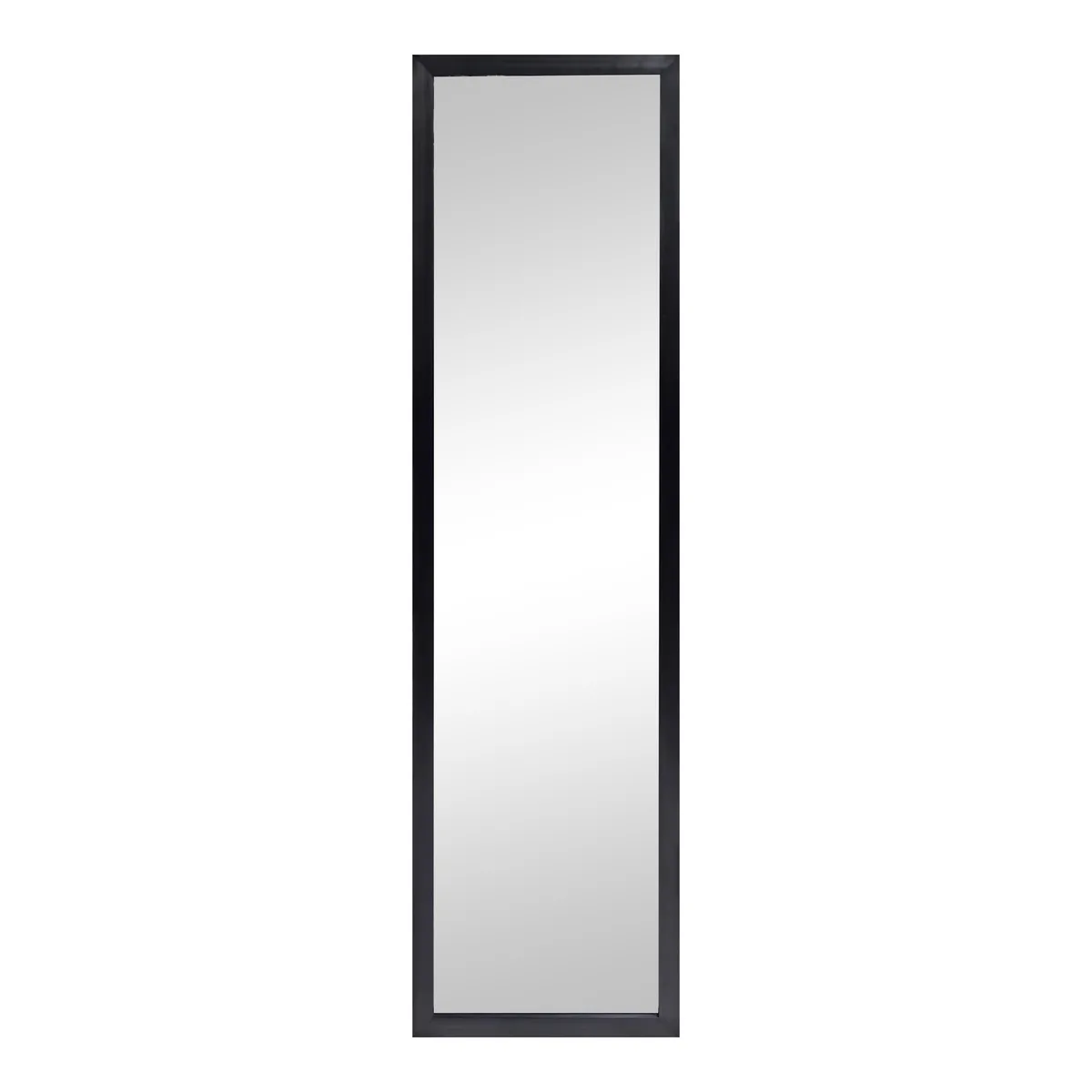 Full-length rectangular door mirror with slim black polystyrene frame, 13.5 by 49.5 inches
