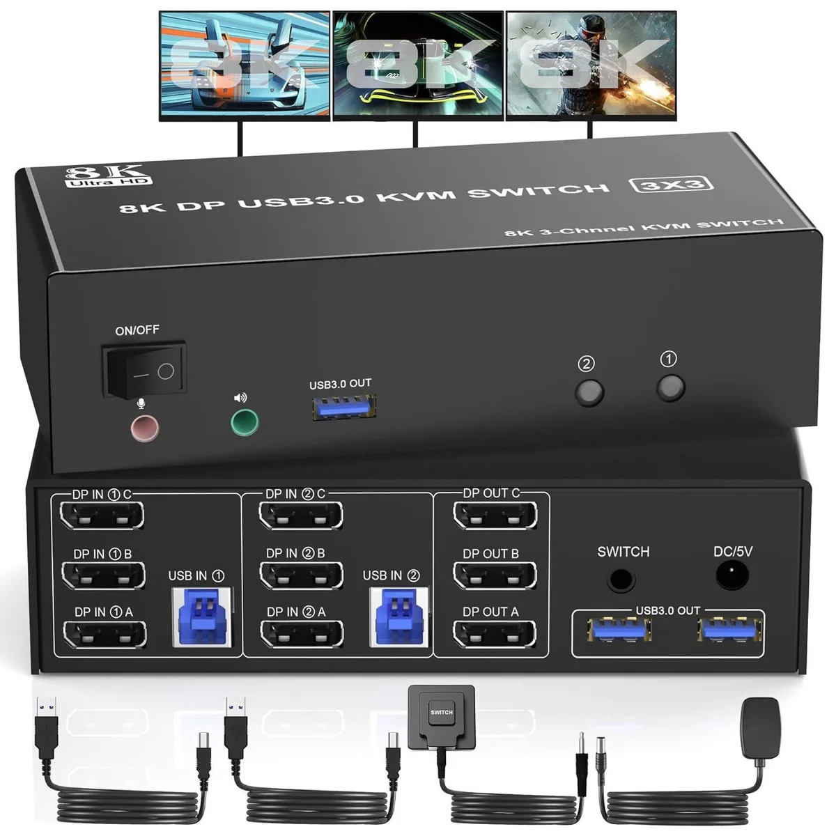 WRIARICH WRIARICH 8K@60Hz 4K@144Hz DP 1.4 USB 3.0 KVM Switch 2 PC 3 Monitors — product photo