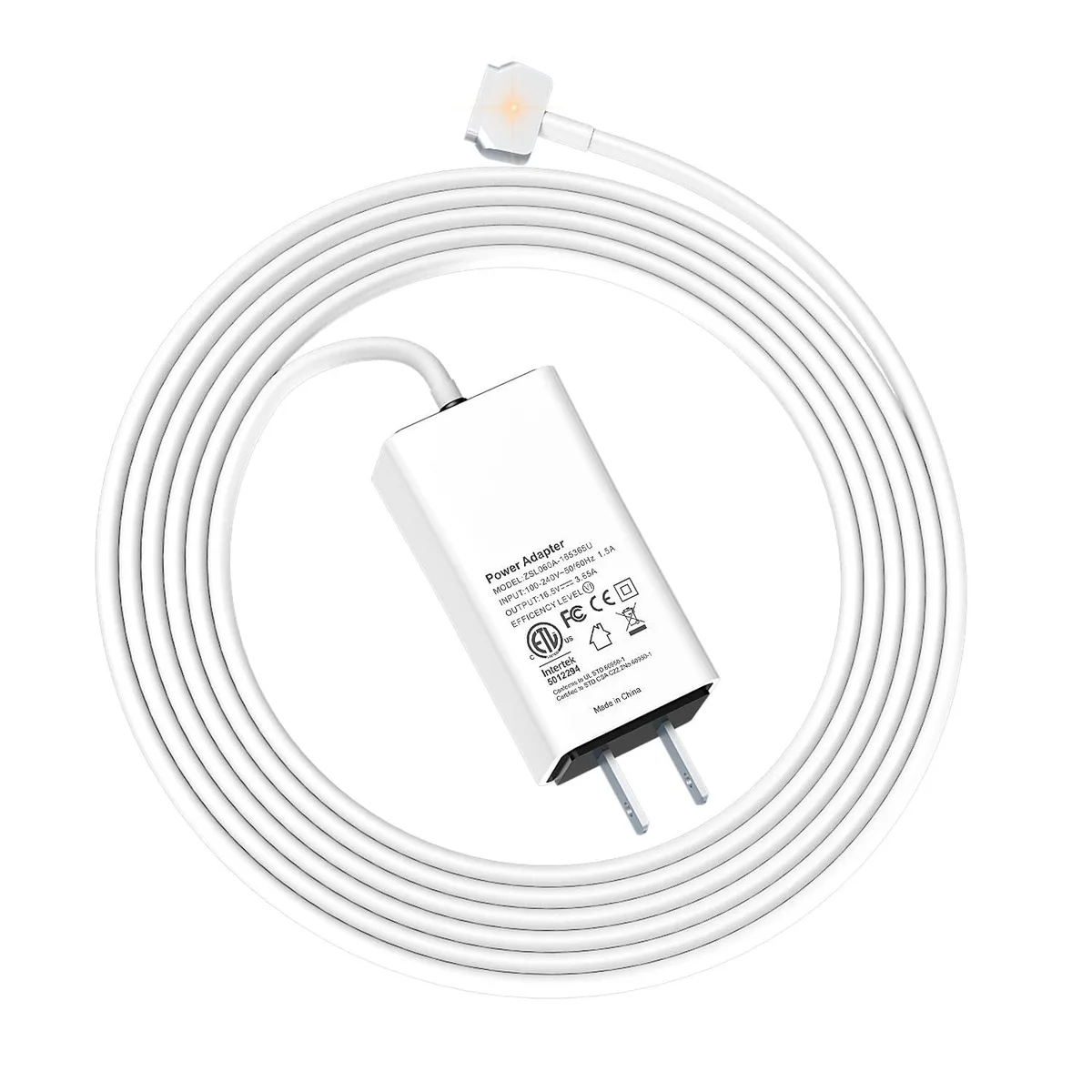 White rectangular 60W power adapter with magnetic T-tip connector and LED indicator
