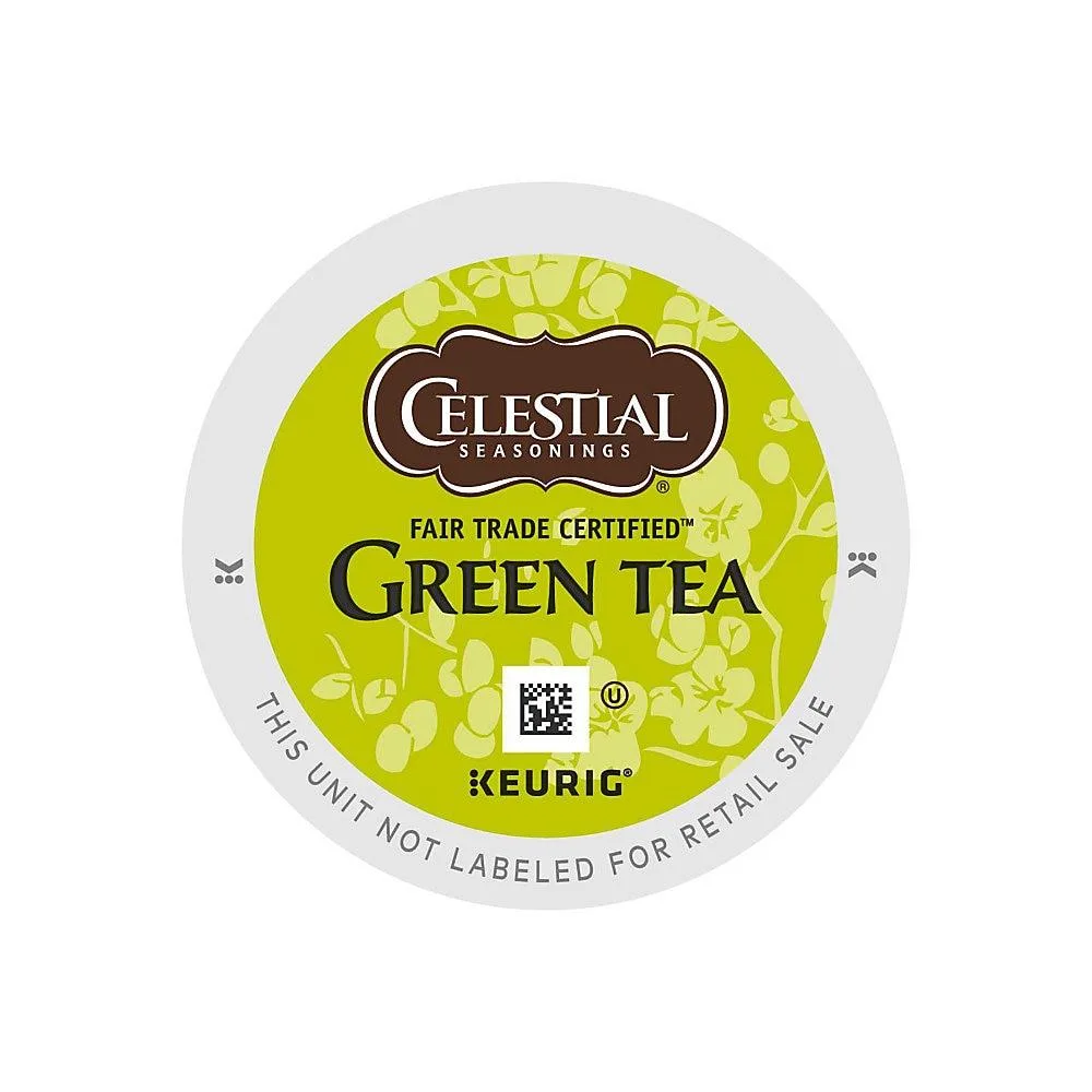 A cardboard box containing 24 green tea K-Cup pods