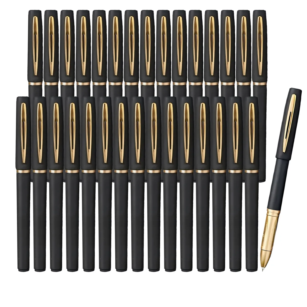 Clear plastic box holding thirty black gel rollerball pens with medium 0.7 mm tips