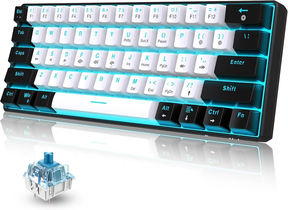 TUKO TUKO 60% Wired Mechanical Gaming Keyboard 61 Keys Black-White Blue Switches Ice Blue LED — product photo