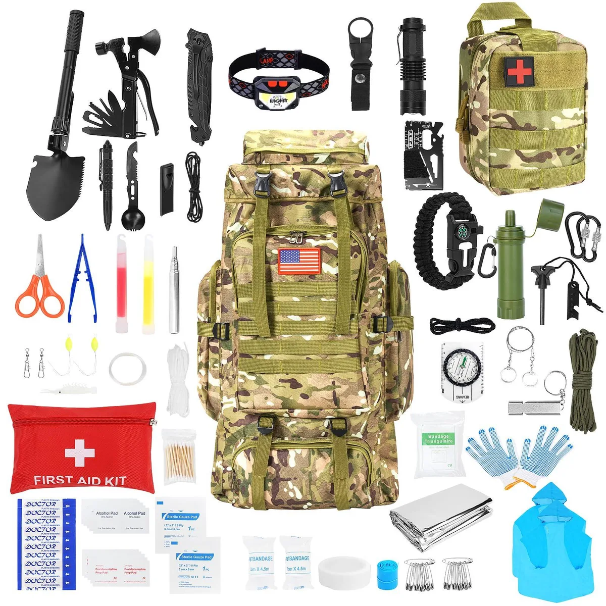 Black 70 L nylon backpack with 38-piece survival kit inside