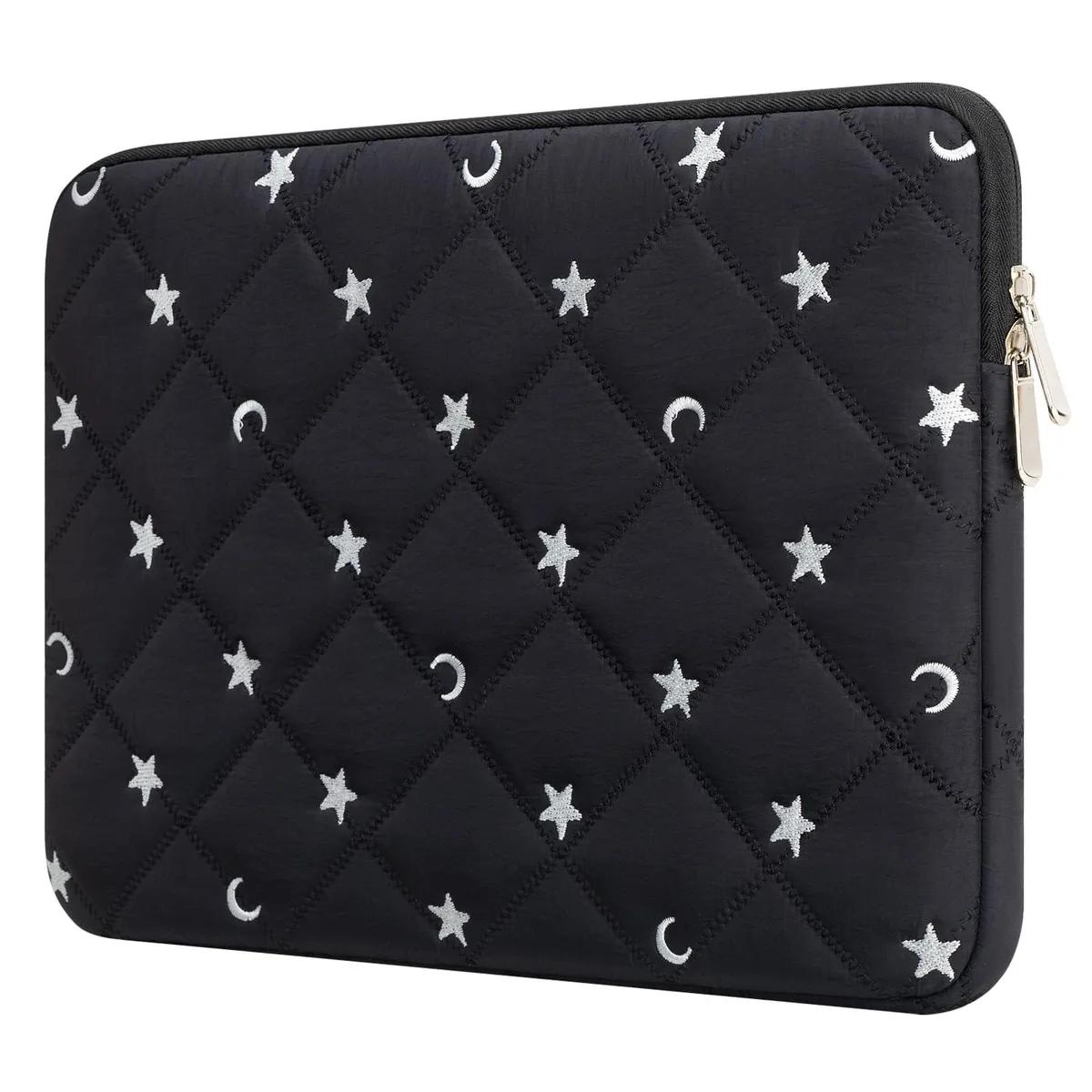 Black polyester laptop sleeve with soft lining, slim rectangular shape, minimal stitching