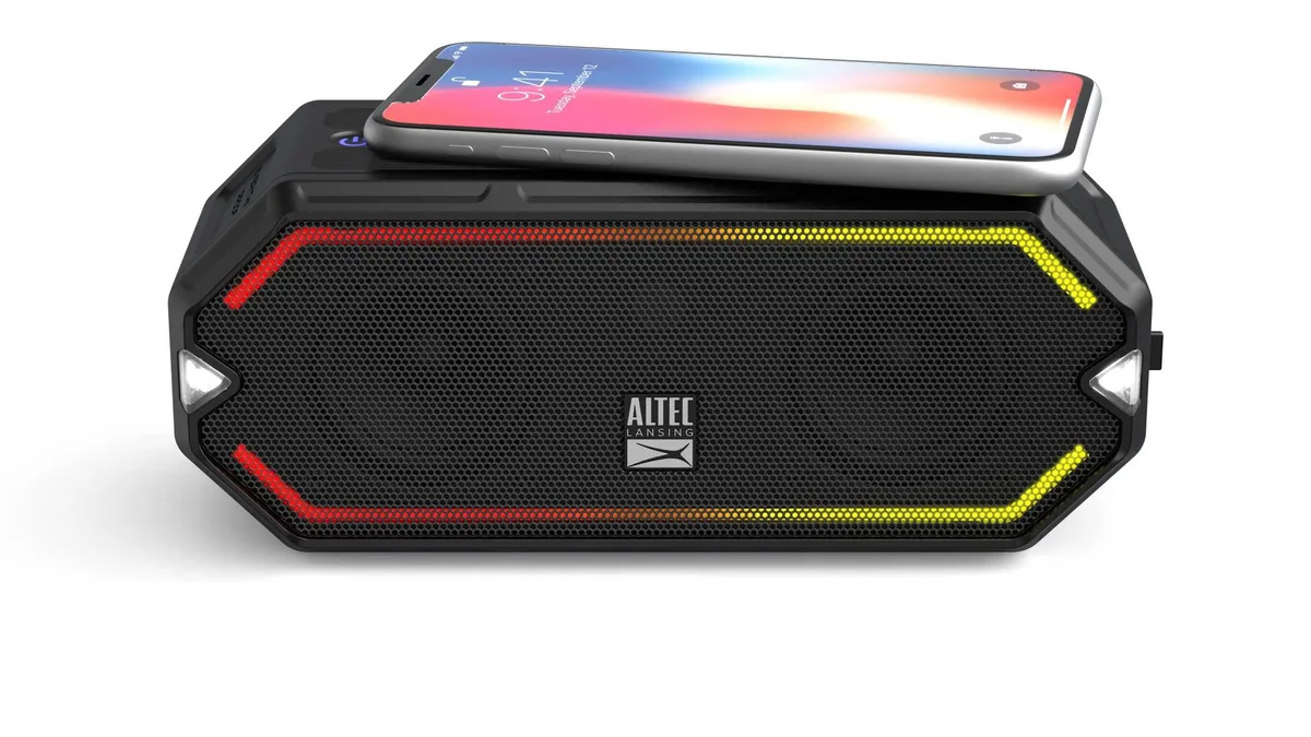  Altec Lansing HydraBlast Bluetooth Speaker IP67 20h Qi Charger 11 LED Modes Carabiner — product photo