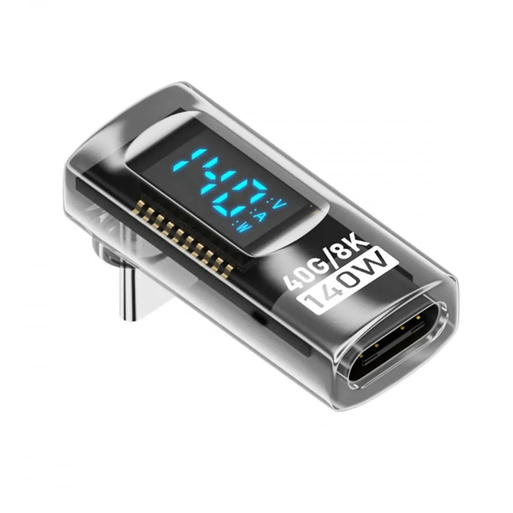 Transparent USB-C male to female adapter with 90-degree angled connector and LED display