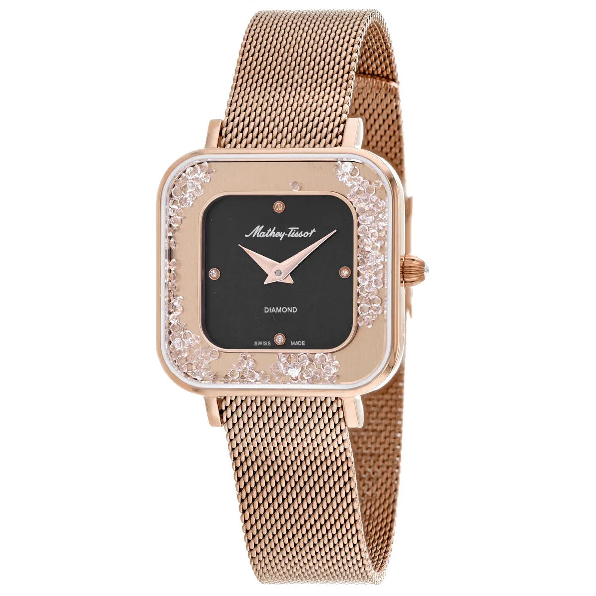 Mathey Tissot Gemina stainless steel watch with black dial and metal bracelet