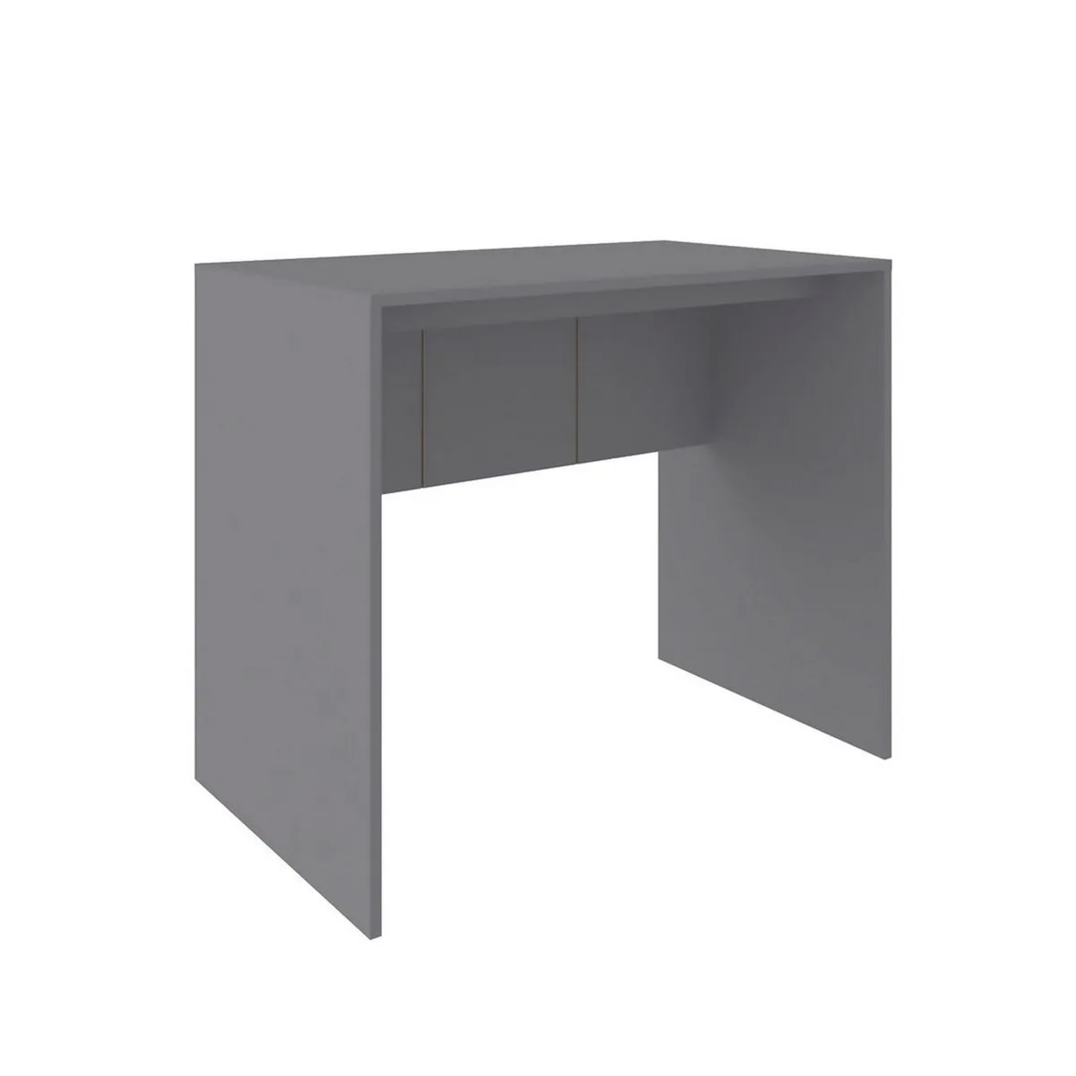 Grey minimalist desk with lower relief design and painted back, rectangular form factor, matte finish