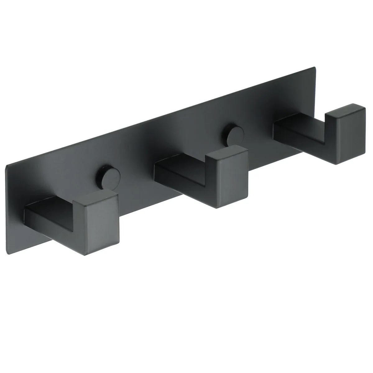 Three matte black stainless steel wall hooks with square bases