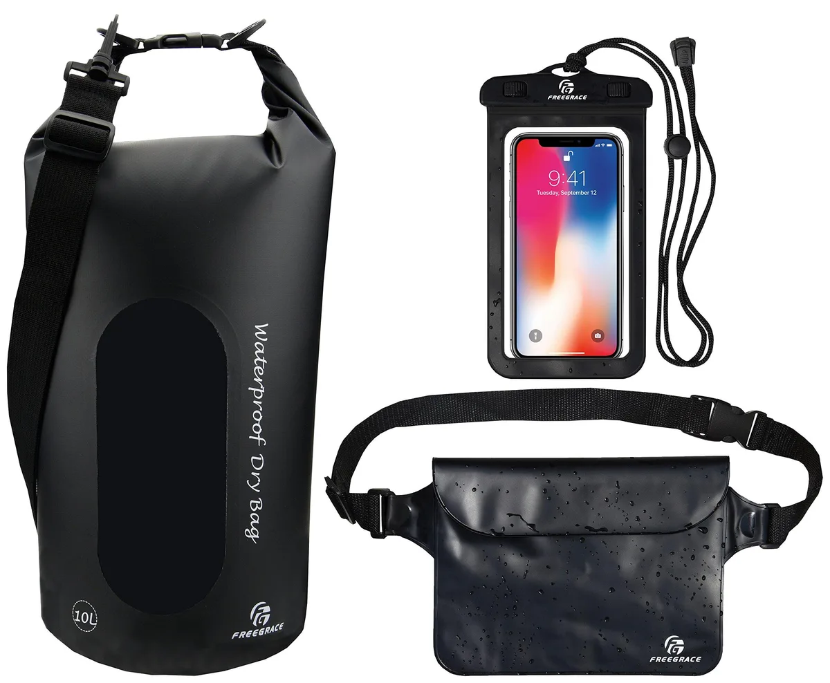 Three beige waterproof dry bags with clear window and zip-lock seals, plus waist pouch and phone case