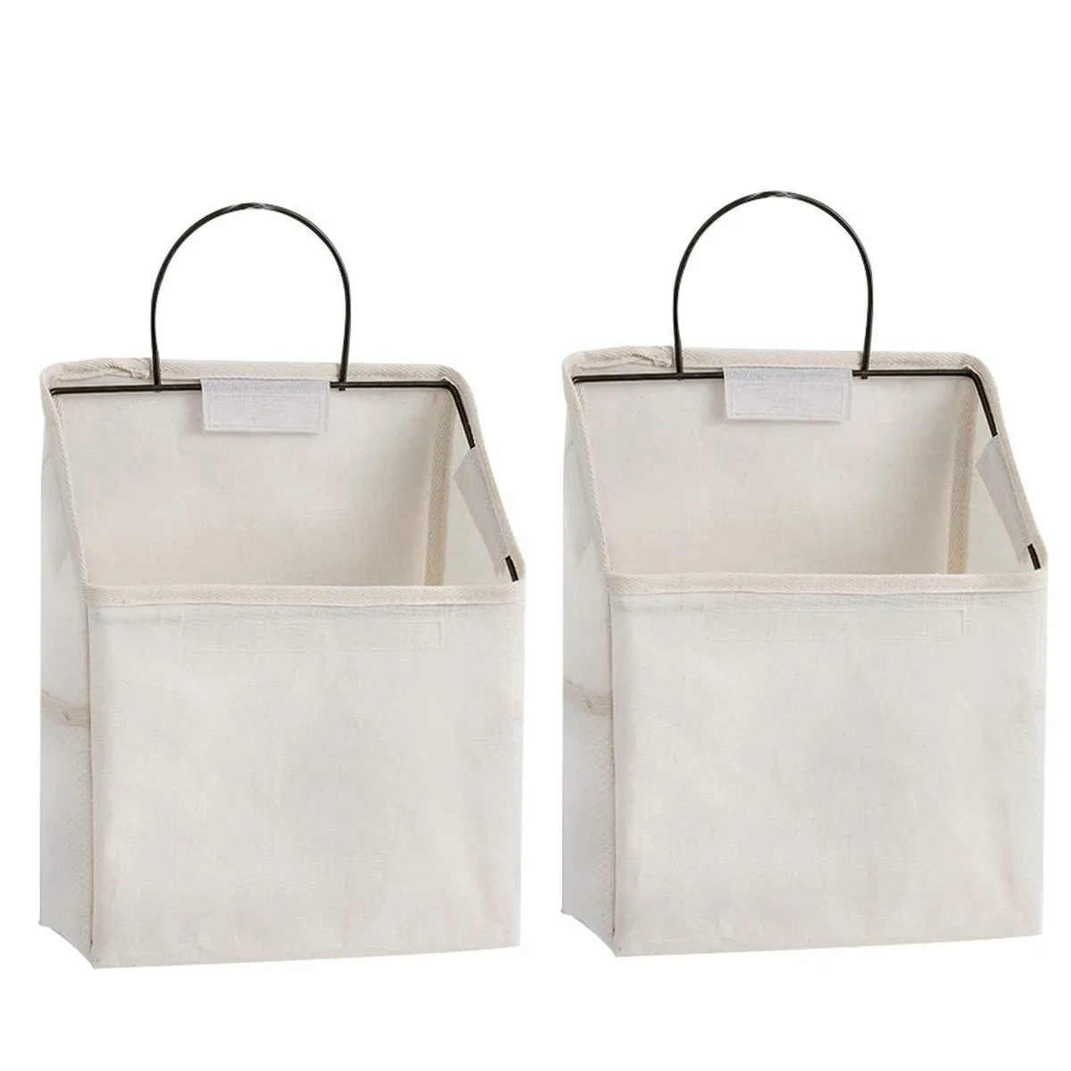 White cotton-linen wall-hanging storage bag with metal frame, 22x38 cm