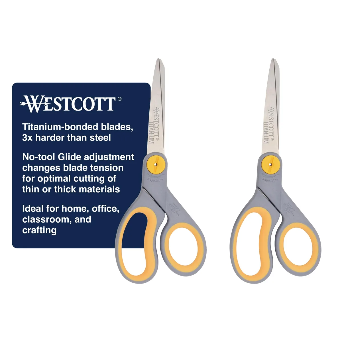 Two gray titanium-bonded 8-inch scissors with yellow soft handles