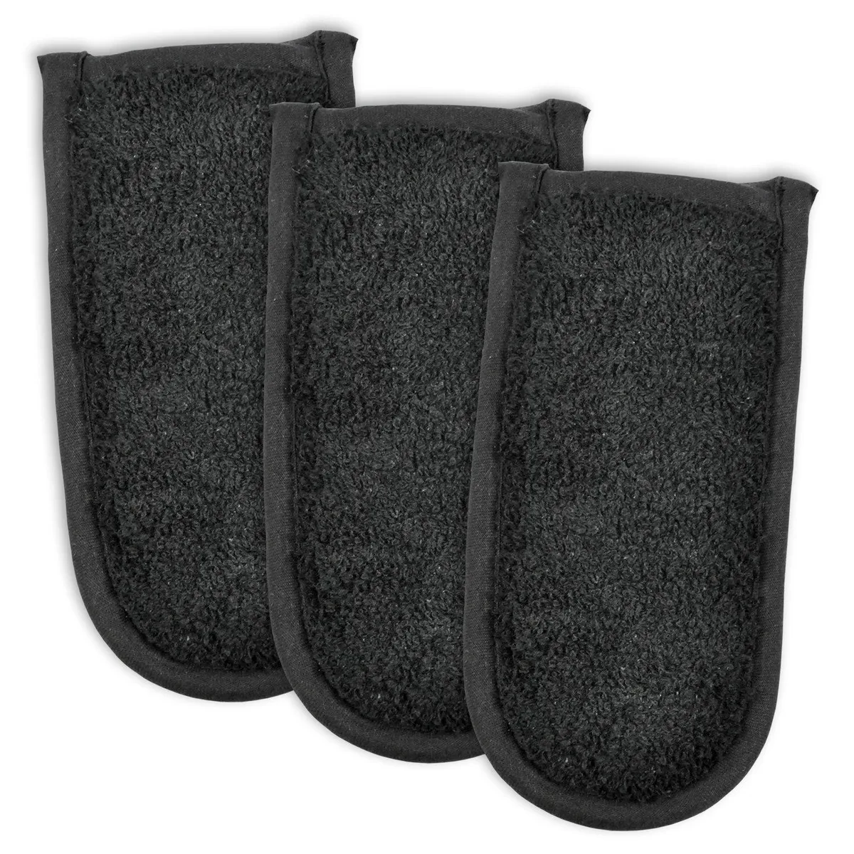 Three black quilted cotton pan handle covers with hanging loops