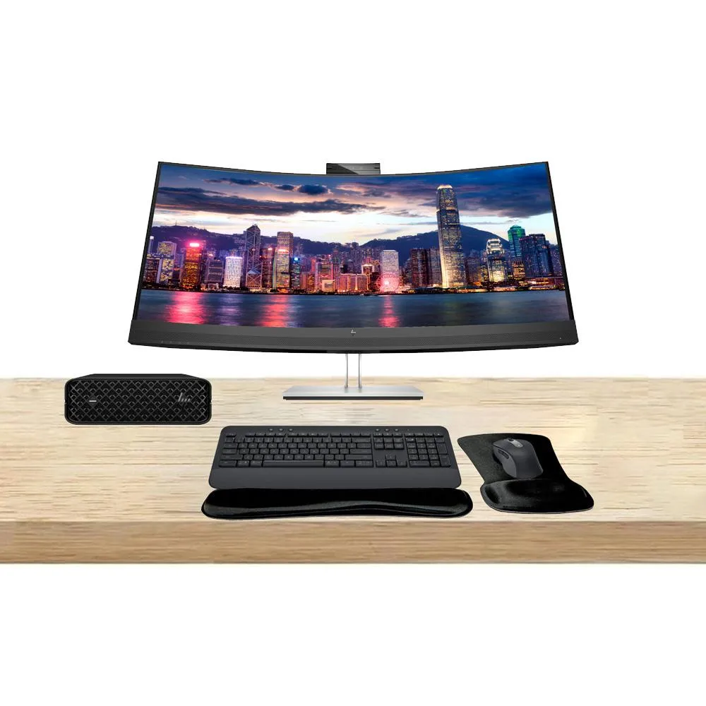 HP HP Z2 Mini G9 i7-14700 32GB 512GB desktop PC with 34" 3440x1440 75Hz monitor and MK650 keyboard mouse — product photo