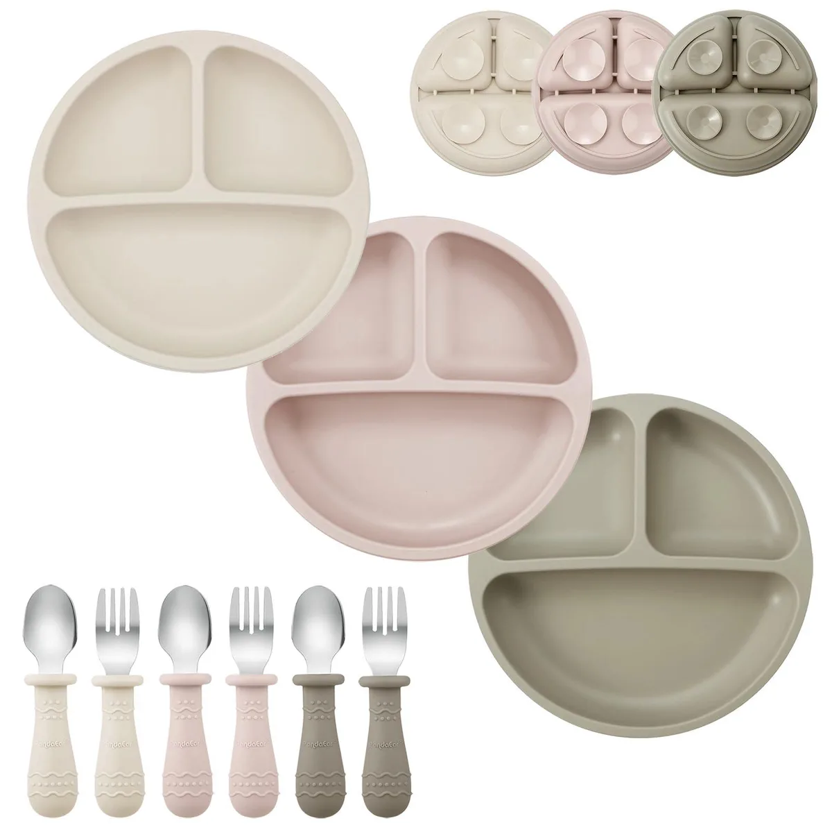 Nine-piece toddler flatware set, silver stainless steel with floral handles, includes suction plates