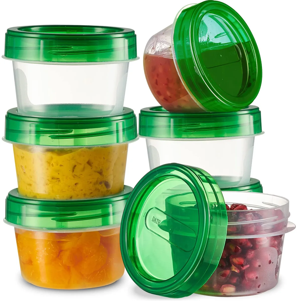 Six small red plastic containers with green screw-on lids