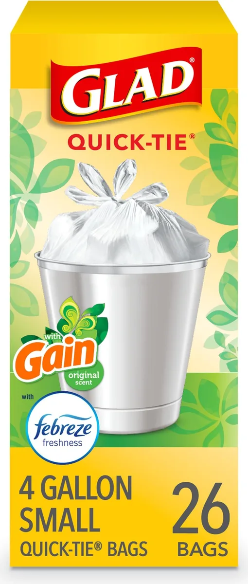  Glad OdorShield Small Trash Bags Gain Original Febreze 4 Gallon 26 Count 78814 — product photo