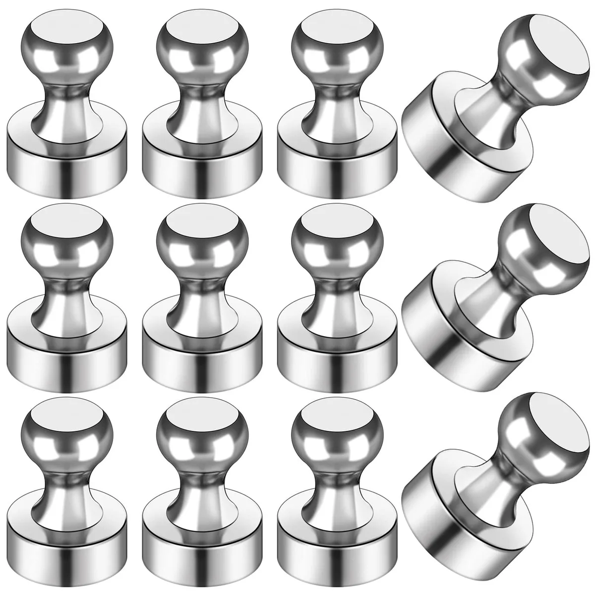Twelve small silver cylindrical magnets, 0.47 by 0.63 inches, metallic finish