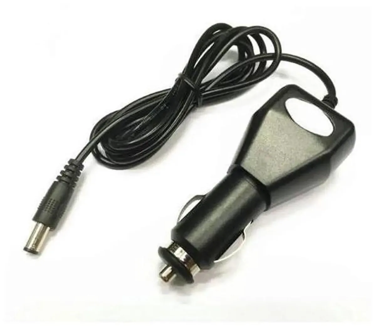 Compact black car power adapter with 5.5x2.1mm barrel plug and cigarette lighter plug