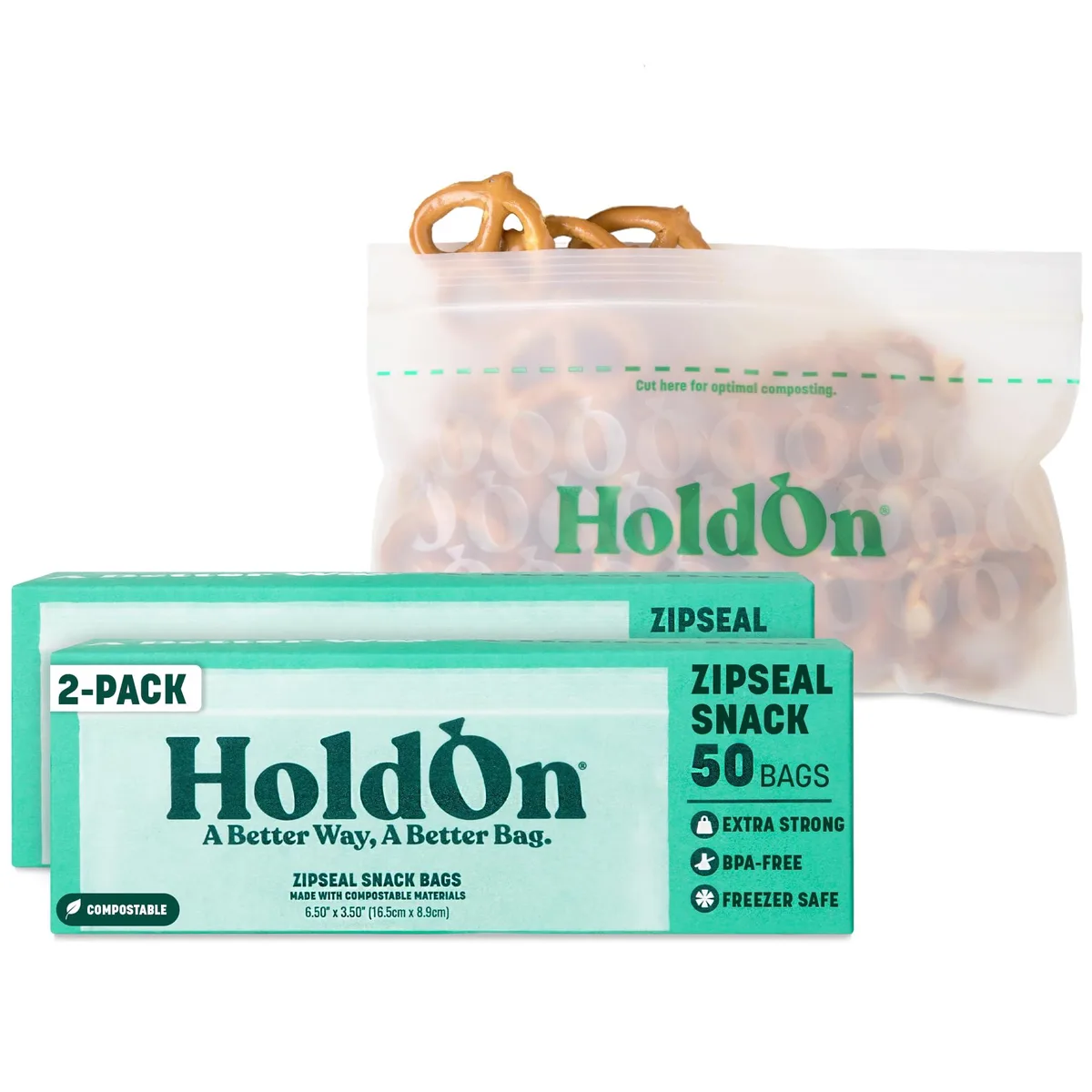 Two beige compostable snack bags in resealable packaging