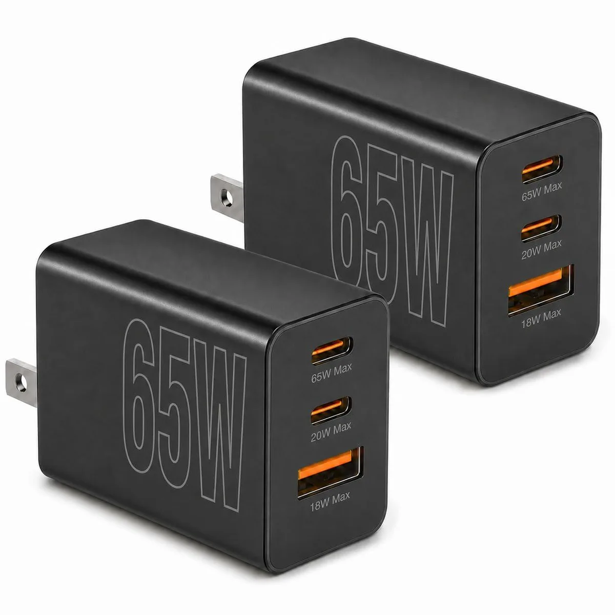 Two compact 65W three-port USB-C wall chargers, matte finish