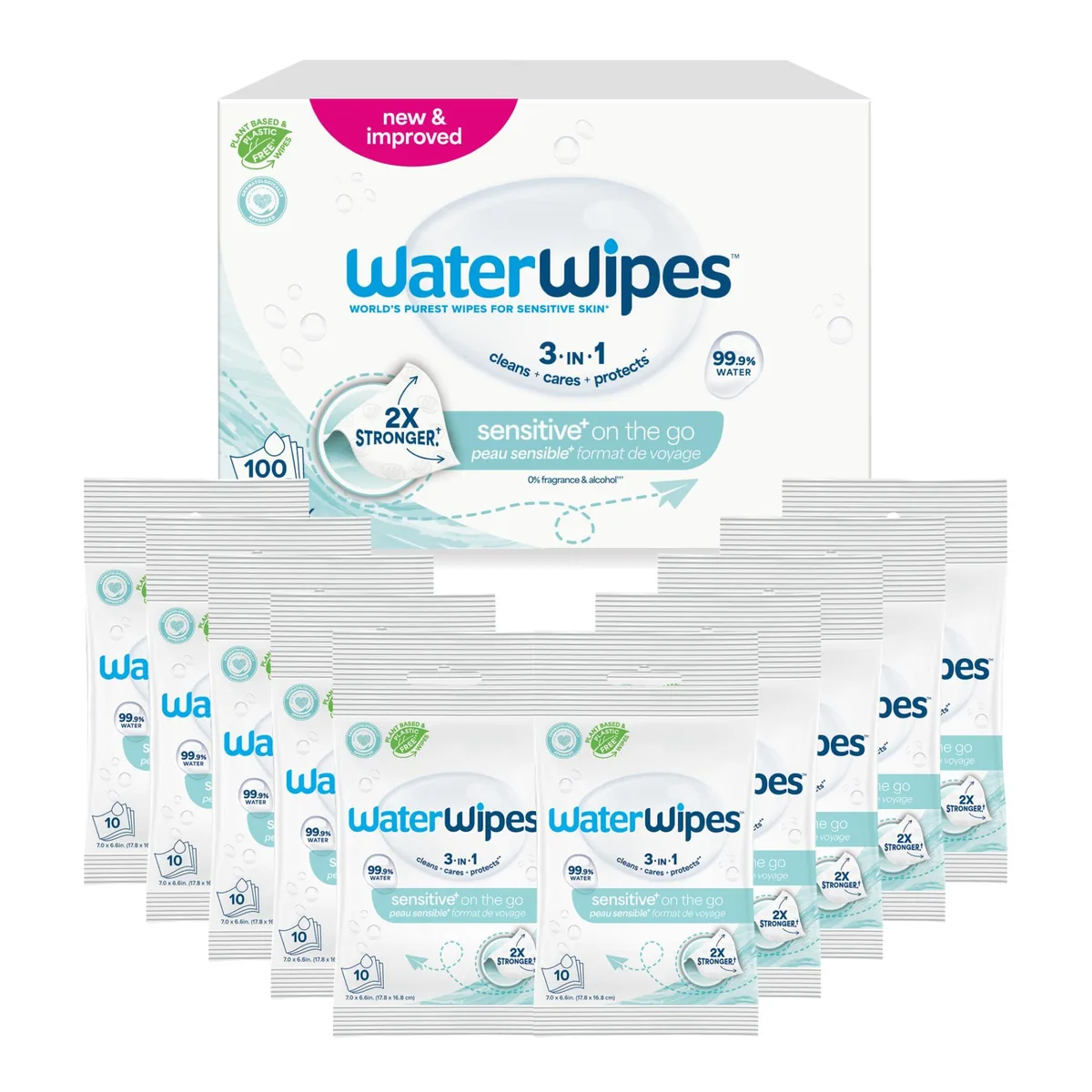 Ten white packs of unscented wet wipes in a rectangular box