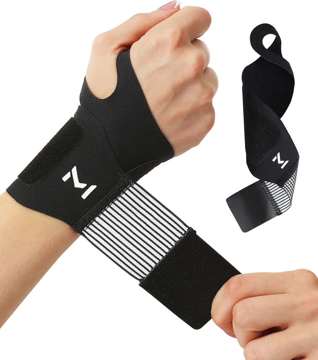 Pair of black ultra-thin wrist braces with thumb holes and adjustable fish-ribbon straps, shown flat