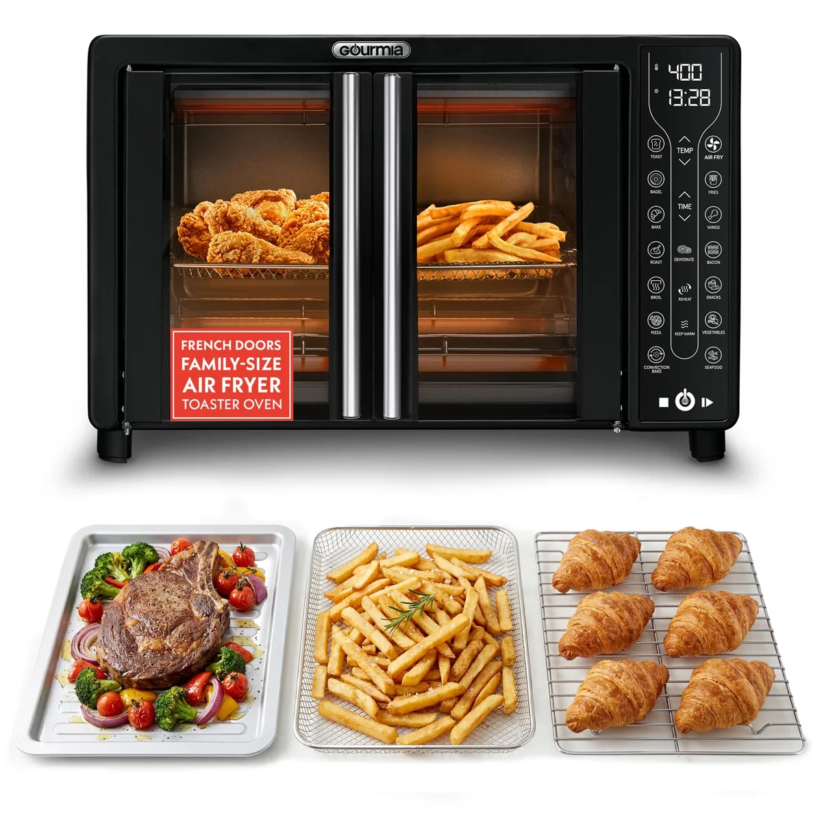 Gourmia GTF7460 French Door Air Fryer Toaster Oven 25 Quart 6-Slice 1700W Black — product photo