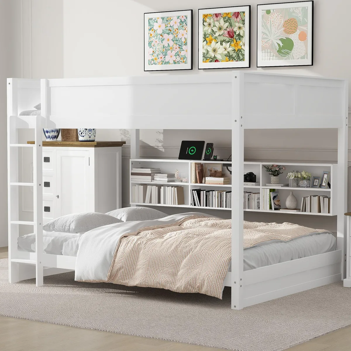 tuphen tuphen Queen over Queen Bunk Bed with Storage Cabinets and USB Ports, White — product photo