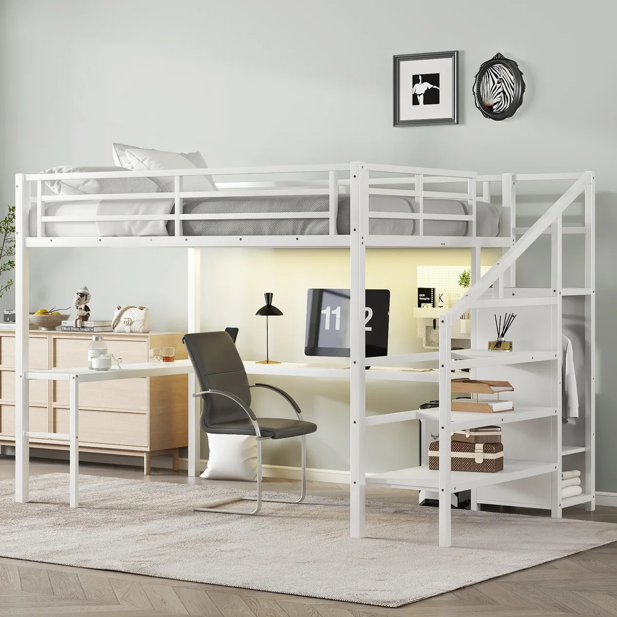 White metal loft bed with L-shaped desk, wardrobe, stairs and LED strip