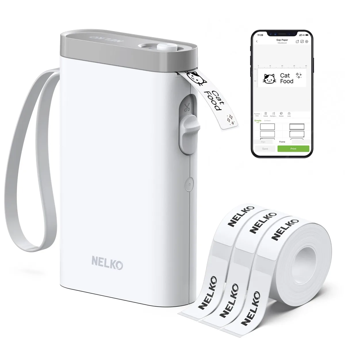 Compact white label printer with rounded edges, pocket-sized, thermal printing, Bluetooth connectivity