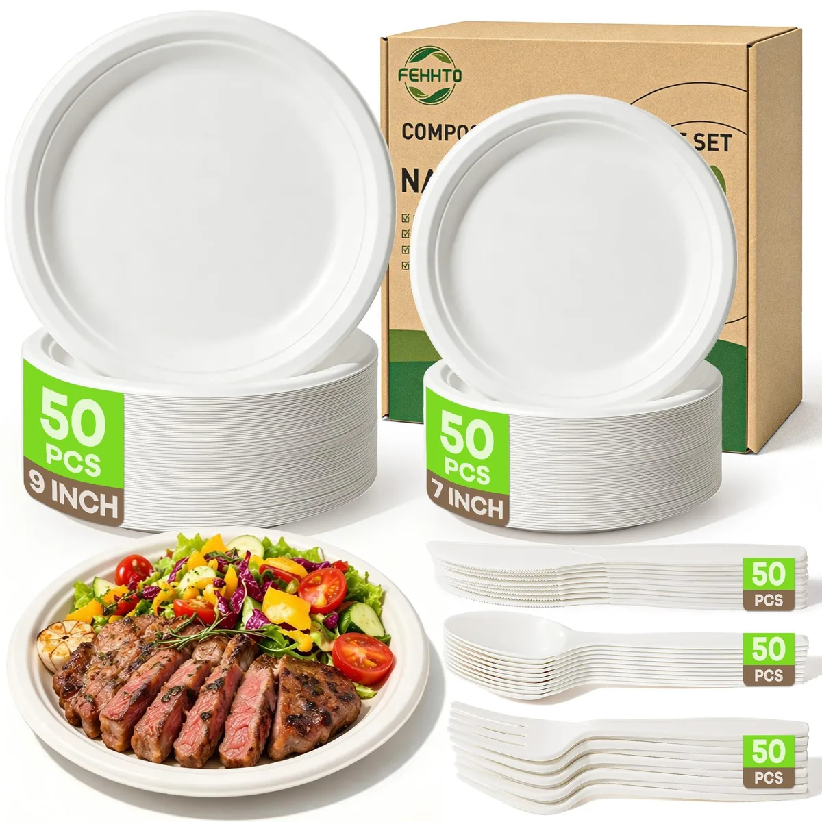 White compostable plates and silver cornstarch cutlery stacked in a set box