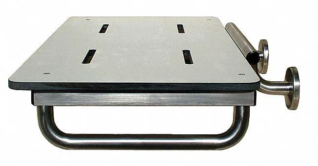 White rectangular wall-mounted shower bench with teak phenolic seat and stainless steel frame 29 inches long
