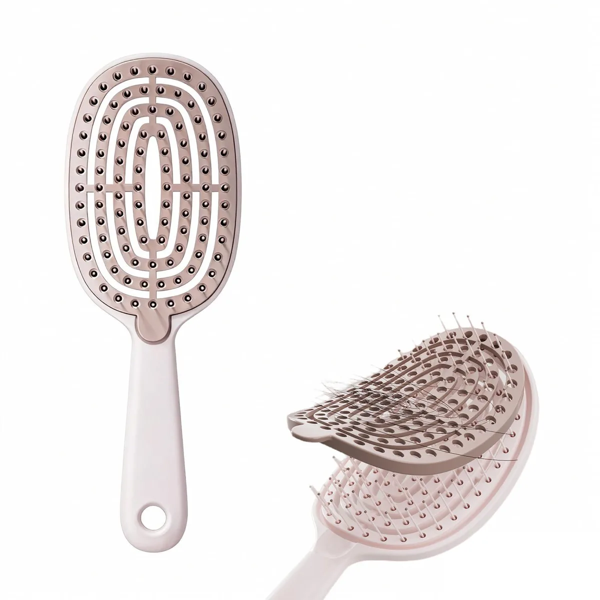 Curved vented hair brush with removable cleaning pad