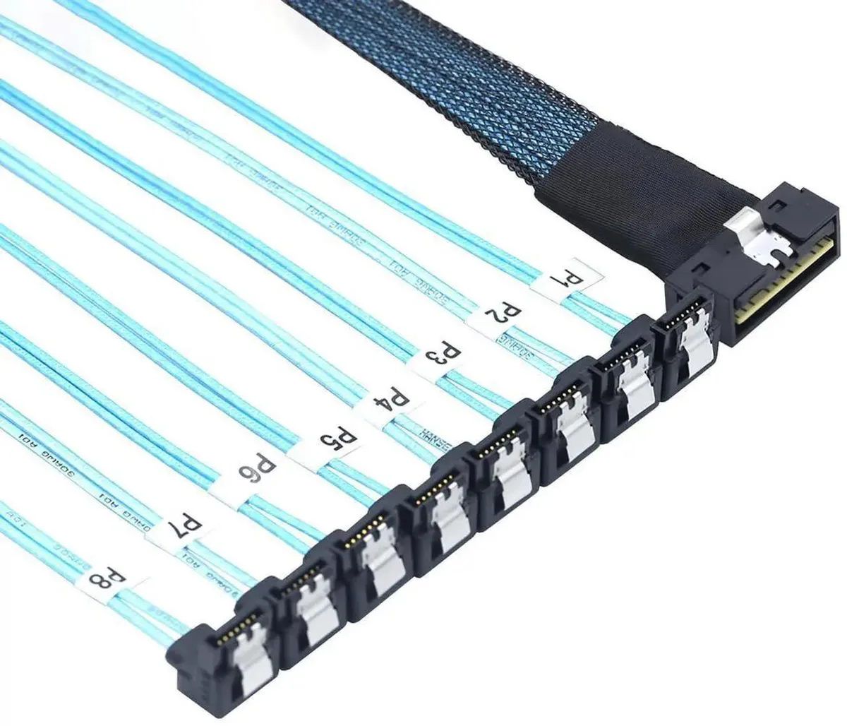 SMUGDESK SMUGDESK SlimSAS LP SFF-8654 8i 74-pin to 8×SATA 7-pin 90° .8 m 30 AWG — product photo