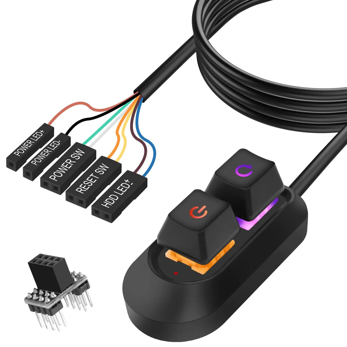 Black rectangular button unit with a two-metre cable and motherboard connector block